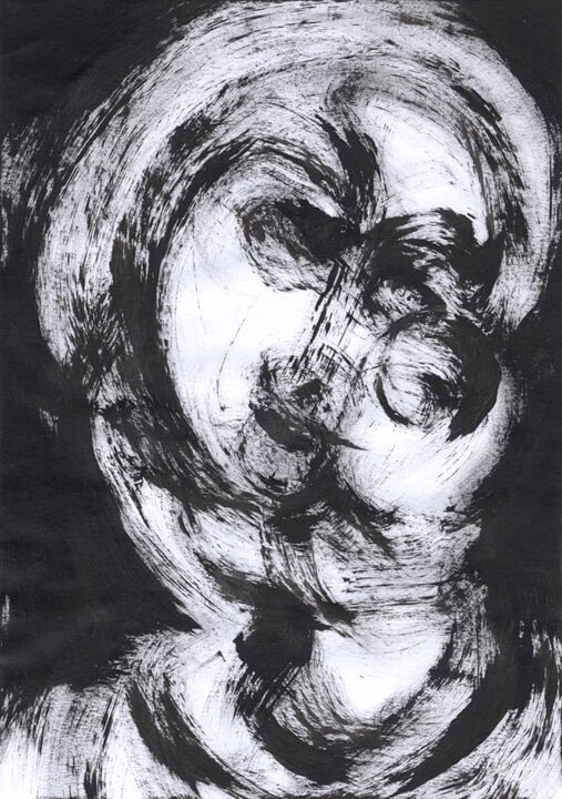 Portrait of mother and son depicting a strange and dark atmosphere, by Charlie Plisson, french outsider artist