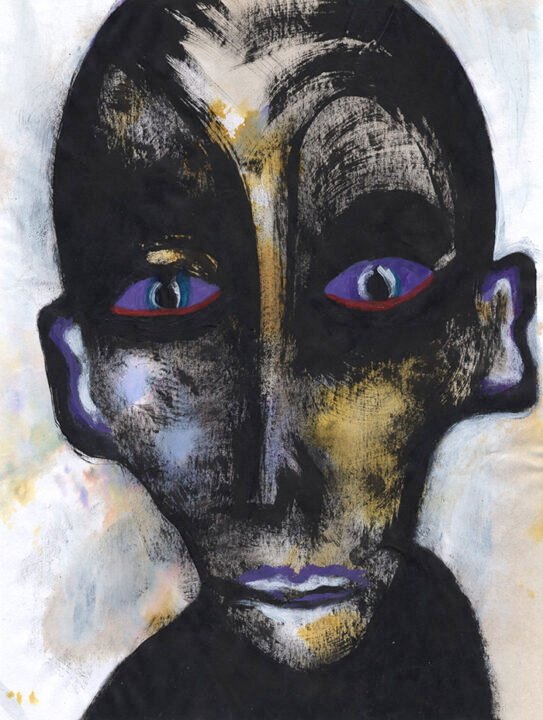 Face acrylic painting in strange atmosphere, by Charlie Plisson, french outsider artist