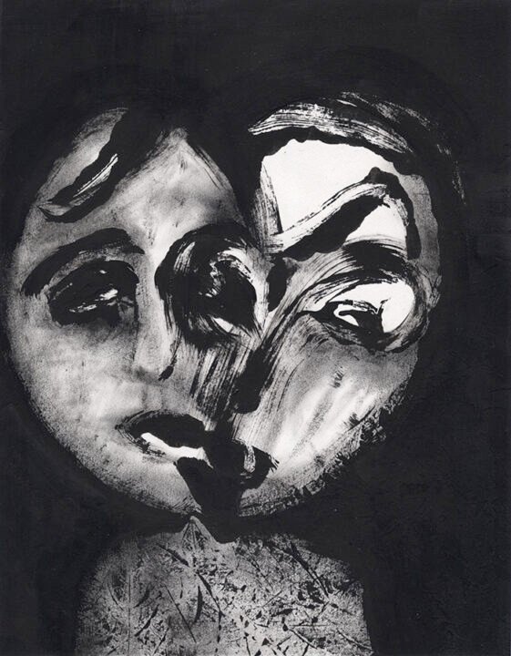 Double face in mysterious atmosphere, painting by Charlie Plisson, french outsider artist