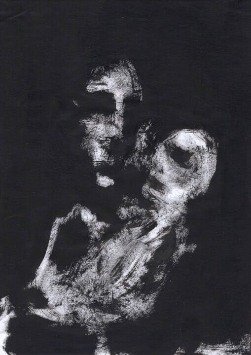 Painting of a man carrying somebody in his arms in a strange night atmosphere, by Charlie Plisson, french outsider artist