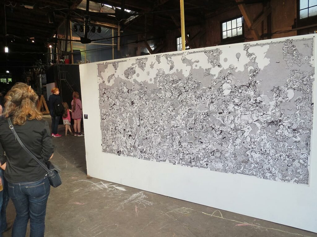 Huge ballpoint drawing full of details by Charlie Plisson, shown at La Semencerie Strasbourg