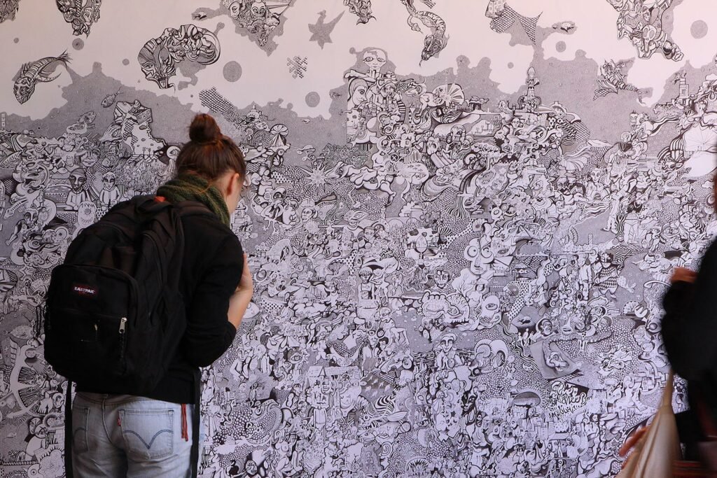 Huge ballpoint drawing full of details by Charlie Plisson, shown at La Semencerie Strasbourg